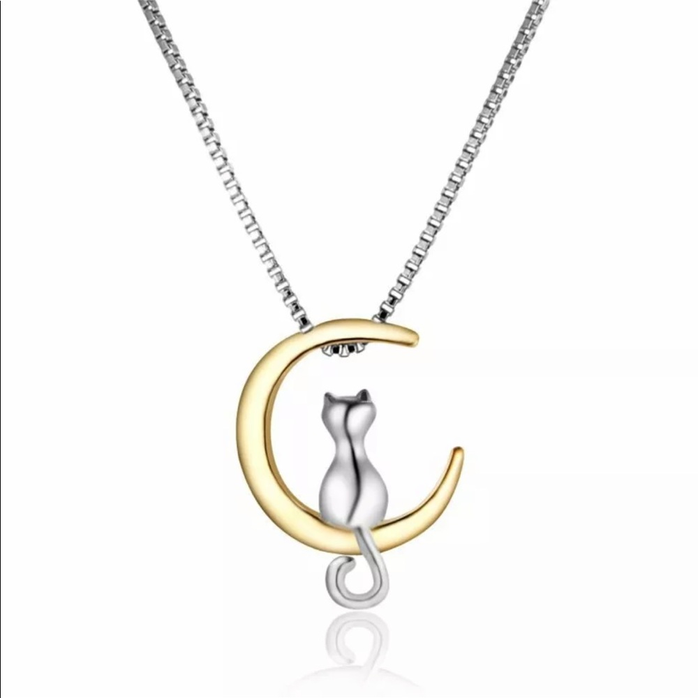 New Silver Gold Cat On Moon Necklace